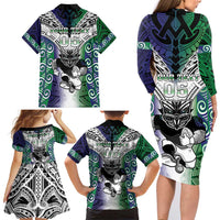 Custom New Zealand Warrior Family Matching Long Sleeve Bodycon Dress and Hawaiian Shirt Maori Tribal Pattern LT05 - Polynesian Pride