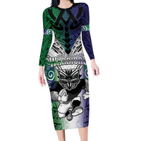 Custom New Zealand Warrior Family Matching Long Sleeve Bodycon Dress and Hawaiian Shirt Maori Tribal Pattern LT05 Mom's Dress Green - Polynesian Pride
