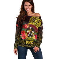 Personalized Papua New Guinea Off Shoulder Sweater Coat Of Arms Tropical Flowers Polynesian Pattern LT05 Women Yellow - Polynesian Pride