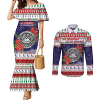 American Samoa Christmas Couples Matching Mermaid Dress and Long Sleeve Button Shirt Poinsettia La Maunia Le Kilisimasi LT05 White - Polynesian Pride