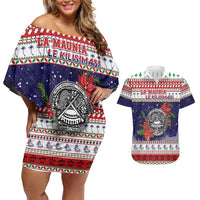 American Samoa Christmas Couples Matching Off Shoulder Short Dress and Hawaiian Shirt Poinsettia La Maunia Le Kilisimasi LT05 White - Polynesian Pride
