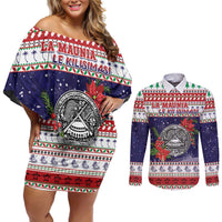 American Samoa Christmas Couples Matching Off Shoulder Short Dress and Long Sleeve Button Shirt Poinsettia La Maunia Le Kilisimasi LT05 White - Polynesian Pride