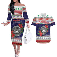 American Samoa Christmas Couples Matching Off The Shoulder Long Sleeve Dress and Hawaiian Shirt Poinsettia La Maunia Le Kilisimasi LT05 White - Polynesian Pride