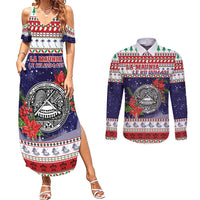 American Samoa Christmas Couples Matching Summer Maxi Dress and Long Sleeve Button Shirt Poinsettia La Maunia Le Kilisimasi LT05 White - Polynesian Pride