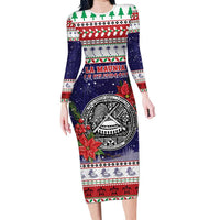 American Samoa Christmas Long Sleeve Bodycon Dress Poinsettia La Maunia Le Kilisimasi LT05 Long Dress White - Polynesian Pride