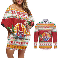 French Polynesia Christmas Couples Matching Off Shoulder Short Dress and Long Sleeve Button Shirt Coat Of Arms Merry Xmas LT05 Red - Polynesian Pride