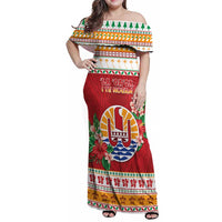 French Polynesia Christmas Family Matching Off Shoulder Maxi Dress and Hawaiian Shirt Coat Of Arms Merry Xmas LT05 Mom's Dress Red - Polynesian Pride