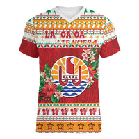 French Polynesia Christmas Women V-Neck T-Shirt Coat Of Arms Merry Xmas LT05 Female Red - Polynesian Pride