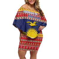 Kiribati Christmas Off Shoulder Short Dress Coat Of Arms Tekeraoi Te Kiritimati LT05 Women Red - Polynesian Pride