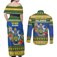 Solomon Islands Christmas Couples Matching Off Shoulder Maxi Dress and Long Sleeve Button Shirt Coat Of Arms Merry Xmas LT05 - Polynesian Pride