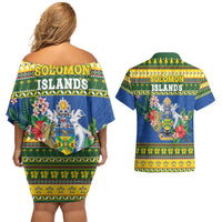 Solomon Islands Christmas Couples Matching Off Shoulder Short Dress and Hawaiian Shirt Coat Of Arms Merry Xmas LT05 - Polynesian Pride