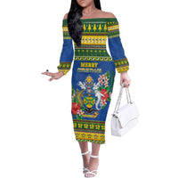Solomon Islands Christmas Family Matching Off The Shoulder Long Sleeve Dress and Hawaiian Shirt Coat Of Arms Merry Xmas LT05 Mom's Dress Green - Polynesian Pride