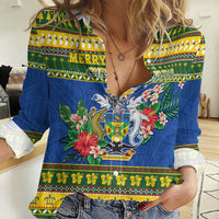 Solomon Islands Christmas Women Casual Shirt Coat Of Arms Merry Xmas LT05 Female Green - Polynesian Pride