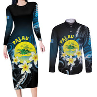 Palau United Nations Day Couples Matching Long Sleeve Bodycon Dress and Long Sleeve Button Shirt Polynesian Curves Plumeria LT05 Black - Polynesian Pride