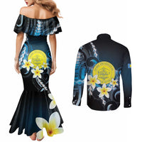 Palau United Nations Day Couples Matching Mermaid Dress and Long Sleeve Button Shirt Polynesian Curves Plumeria LT05 - Polynesian Pride