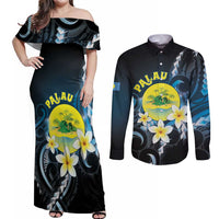 Palau United Nations Day Couples Matching Off Shoulder Maxi Dress and Long Sleeve Button Shirt Polynesian Curves Plumeria LT05 Black - Polynesian Pride