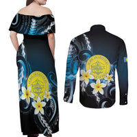 Palau United Nations Day Couples Matching Off Shoulder Maxi Dress and Long Sleeve Button Shirt Polynesian Curves Plumeria LT05 - Polynesian Pride