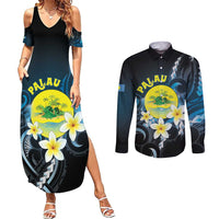 Palau United Nations Day Couples Matching Summer Maxi Dress and Long Sleeve Button Shirt Polynesian Curves Plumeria LT05 Black - Polynesian Pride
