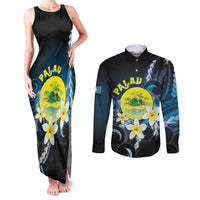 Palau United Nations Day Couples Matching Tank Maxi Dress and Long Sleeve Button Shirt Polynesian Curves Plumeria LT05 Black - Polynesian Pride