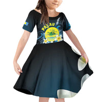Palau United Nations Day Family Matching Off Shoulder Short Dress and Hawaiian Shirt Polynesian Curves Plumeria LT05 Daughter's Dress Black - Polynesian Pride