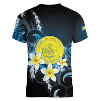 Palau United Nations Day Women V-Neck T-Shirt Polynesian Curves Plumeria - Polynesian Pride