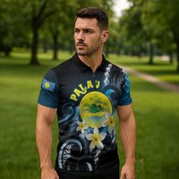 Palau United Nations Day Zipper Polo Shirt Polynesian Curves Plumeria - Polynesian Pride