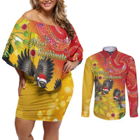 New Zealand Piwakawaka Christmas Couples Matching Off Shoulder Short Dress and Long Sleeve Button Shirt With Maori Pattern LT05 Yellow - Polynesian Pride
