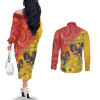 New Zealand Piwakawaka Christmas Couples Matching Off The Shoulder Long Sleeve Dress and Long Sleeve Button Shirt With Maori Pattern LT05 - Polynesian Pride