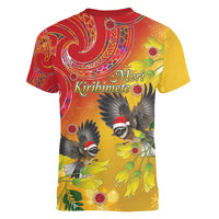 New Zealand Piwakawaka Christmas Women V-Neck T-Shirt With Maori Pattern LT05 - Polynesian Pride