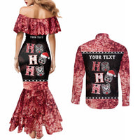 Personalised New Zealand Tiki Christmas Couples Matching Mermaid Dress and Long Sleeve Button Shirt Ho Ho Ho Paua Shell Glitter Red LT05 - Polynesian Pride
