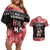 Personalised New Zealand Tiki Christmas Couples Matching Off Shoulder Short Dress and Hawaiian Shirt Ho Ho Ho Paua Shell Glitter Red LT05 Black - Polynesian Pride