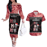 Personalised New Zealand Tiki Christmas Couples Matching Off The Shoulder Long Sleeve Dress and Hawaiian Shirt Ho Ho Ho Paua Shell Glitter Red LT05 Black - Polynesian Pride