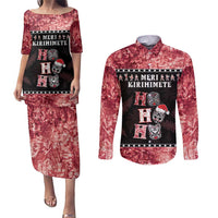 Personalised New Zealand Tiki Christmas Couples Matching Puletasi and Long Sleeve Button Shirt Ho Ho Ho Paua Shell Glitter Red LT05 Black - Polynesian Pride