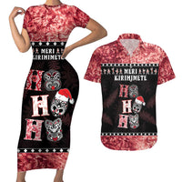 Personalised New Zealand Tiki Christmas Couples Matching Short Sleeve Bodycon Dress and Hawaiian Shirt Ho Ho Ho Paua Shell Glitter Red LT05 Black - Polynesian Pride