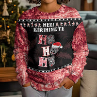 Personalised New Zealand Tiki Christmas Kid Ugly Christmas Sweater Ho Ho Ho Paua Shell Glitter Red LT05 - Polynesian Pride