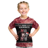 Personalised New Zealand Tiki Christmas Kid T Shirt Ho Ho Ho Paua Shell Glitter Red LT05 Black - Polynesian Pride