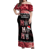 Personalised New Zealand Tiki Christmas Off Shoulder Maxi Dress Ho Ho Ho Paua Shell Glitter Red LT05 Women Black - Polynesian Pride