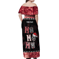 Personalised New Zealand Tiki Christmas Off Shoulder Maxi Dress Ho Ho Ho Paua Shell Glitter Red LT05 - Polynesian Pride