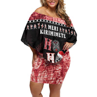 Personalised New Zealand Tiki Christmas Off Shoulder Short Dress Ho Ho Ho Paua Shell Glitter Red LT05 Women Black - Polynesian Pride
