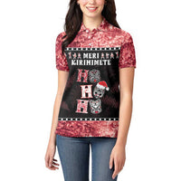 Personalised New Zealand Tiki Christmas Women Polo Shirt Ho Ho Ho Paua Shell Glitter Red LT05 - Polynesian Pride