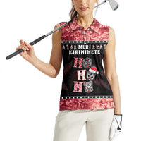 Personalised New Zealand Tiki Christmas Women Sleeveless Polo Shirt Ho Ho Ho Paua Shell Glitter Red LT05 - Polynesian Pride