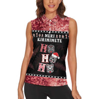 Personalised New Zealand Tiki Christmas Women Sleeveless Polo Shirt Ho Ho Ho Paua Shell Glitter Red LT05 - Polynesian Pride