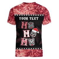 Personalised New Zealand Tiki Christmas Women V-Neck T-Shirt Ho Ho Ho Paua Shell Glitter Red LT05 - Polynesian Pride