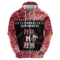 Personalised New Zealand Tiki Christmas Zip Hoodie Ho Ho Ho Paua Shell Glitter Red LT05 - Polynesian Pride