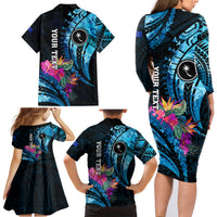 Personalised FSM Chuuk State Family Matching Long Sleeve Bodycon Dress and Hawaiian Shirt Tropical Flowers Tribal Pattern LT05 - Polynesian Pride
