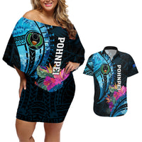 Personalised FSM Pohnpei State Couples Matching Off Shoulder Short Dress and Hawaiian Shirt Tropical Flowers Tribal Pattern LT05 Blue - Polynesian Pride