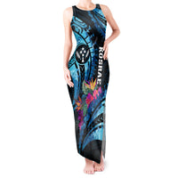 Personalised FSM Kosrae State Tank Maxi Dress Tropical Flowers Tribal Pattern LT05 Women Blue - Polynesian Pride