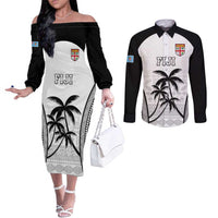 Custom Fiji Tapa Football Couples Matching Off The Shoulder Long Sleeve Dress and Long Sleeve Button Shirt Sporty Style LT05 White - Polynesian Pride