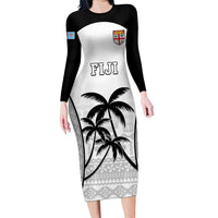 Custom Fiji Tapa Football Long Sleeve Bodycon Dress Sporty Style LT05 Long Dress White - Polynesian Pride