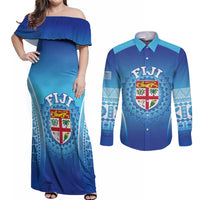 Custom Fiji Football Couples Matching Off Shoulder Maxi Dress and Long Sleeve Button Shirt Fijian Tapa Pattern LT05 Blue - Polynesian Pride
